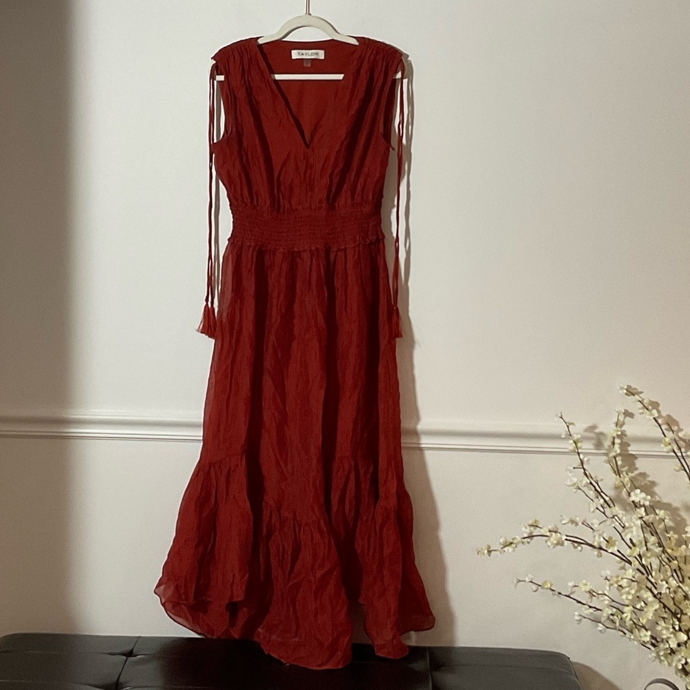 Taylor Deep Red Maxi Dress with Smocked Waist